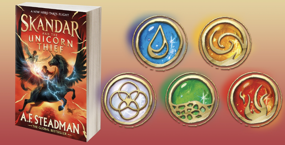 Win skandar and the unicorn thief book and badges